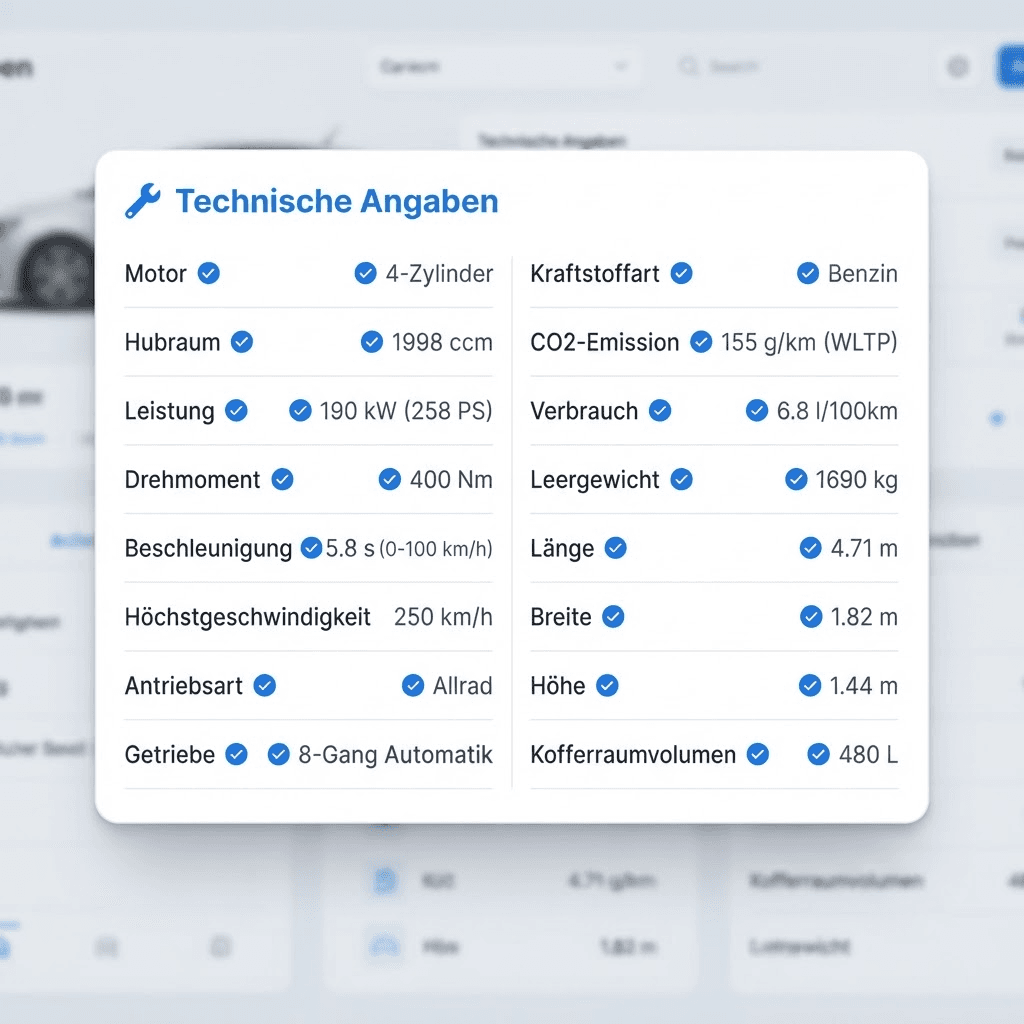 Technische Angaben und Ausstattungsliste eines Fahrzeugs